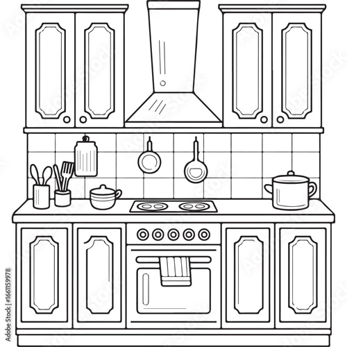 Modern Kitchen with Shelves, Cookware, and Appliances - Kids’ Fun Home Art