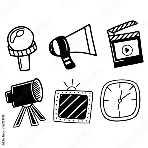 Illustration of microphone, megaphone, clapperboard, spotlight, and clock isolated on white background
