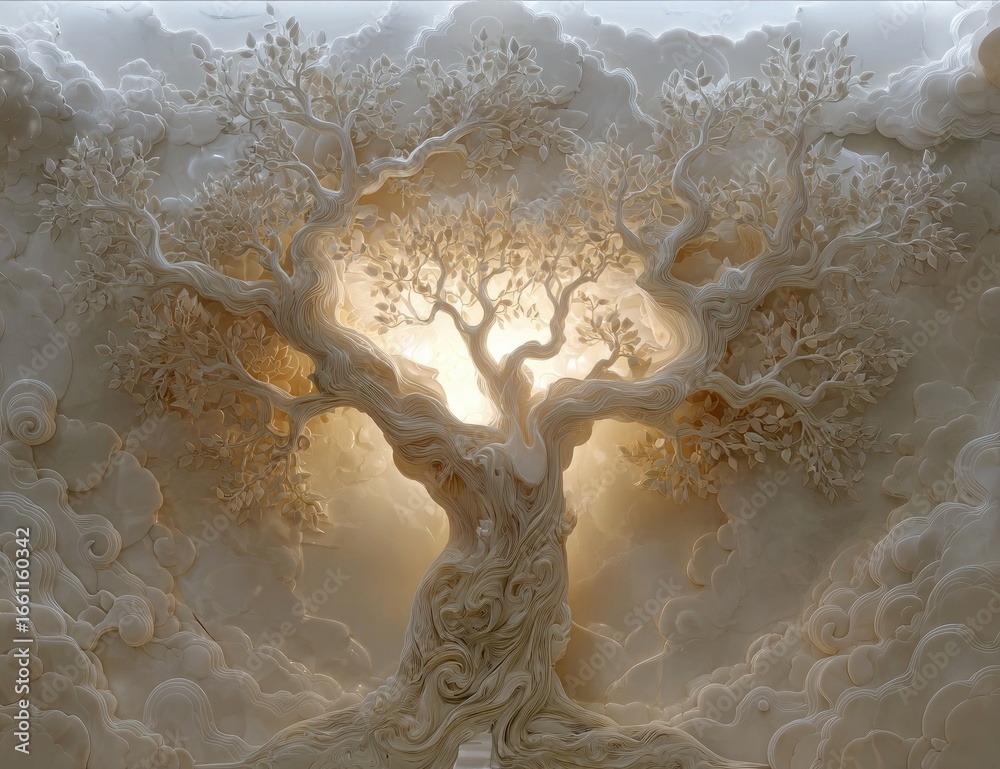 Obraz premium Sculptural tree, light-filled, white relief, cloud-like backdrop