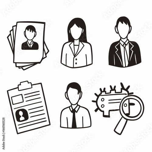 Job search and recruitment concept with resumes and faceless candidates isolated on white background