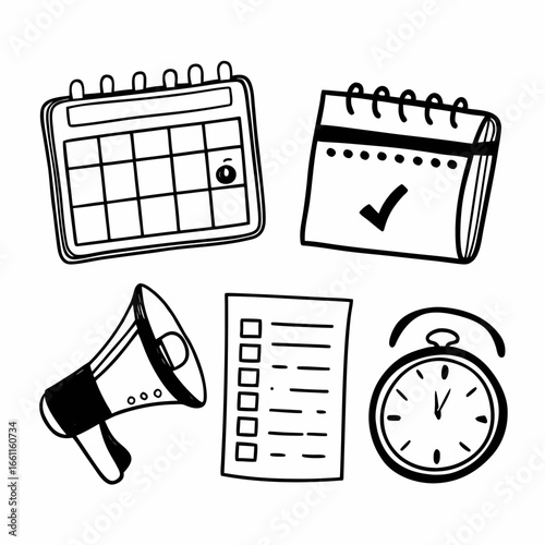 Hand drawn doodle vector illustration of calendar, clock, megaphone and checklist isolated on white background