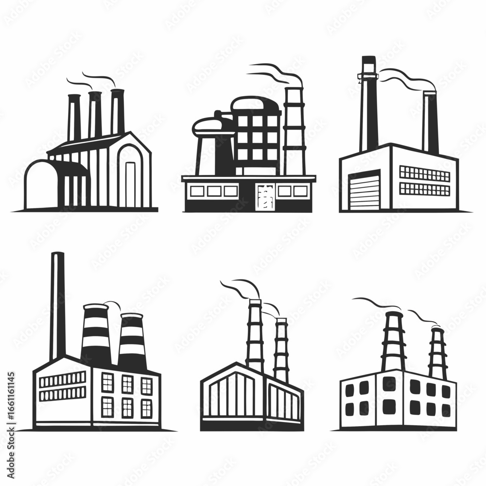 Fototapeta premium Illustration of various factory buildings with chimneys isolated on white background