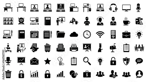 Top Quality High Resolution Black Silhouette 50 Icon Set – Office & Remote Work, Desks, Laptops, Video Calls