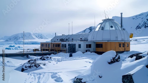 Research Station in Snowy Antarctica with Dome and Mountains Under White Sky Cold Landscape