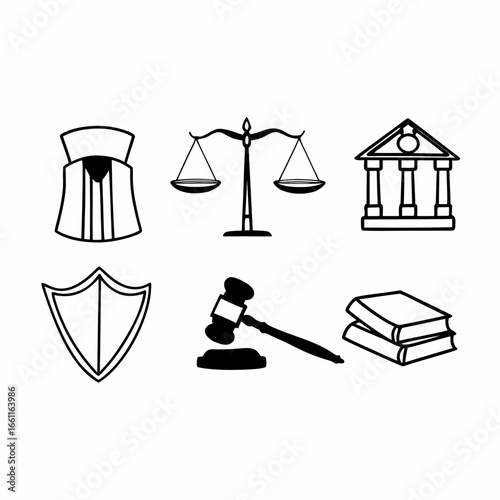 Illustration of justice symbols, including scales, gavel, shield, book isolated on white background