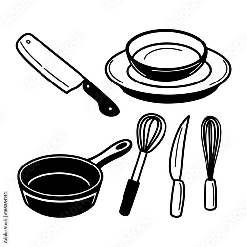 Illustration of kitchen utensils including knives, whisks, pans, bowls and plates isolated on white background