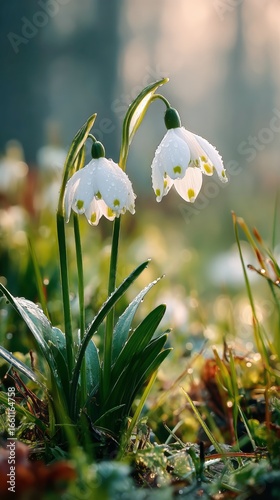 Delicate Snowdrop Flowers Bloom in a Forest During Early Morning Light