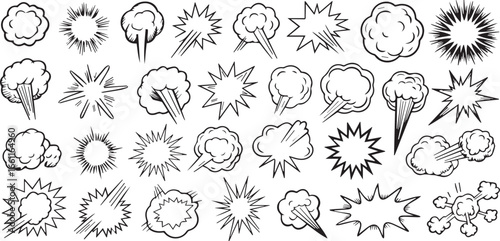 36 black and white comic explosion and impact vector illustrations pack with dynamic bursts and shockwaves