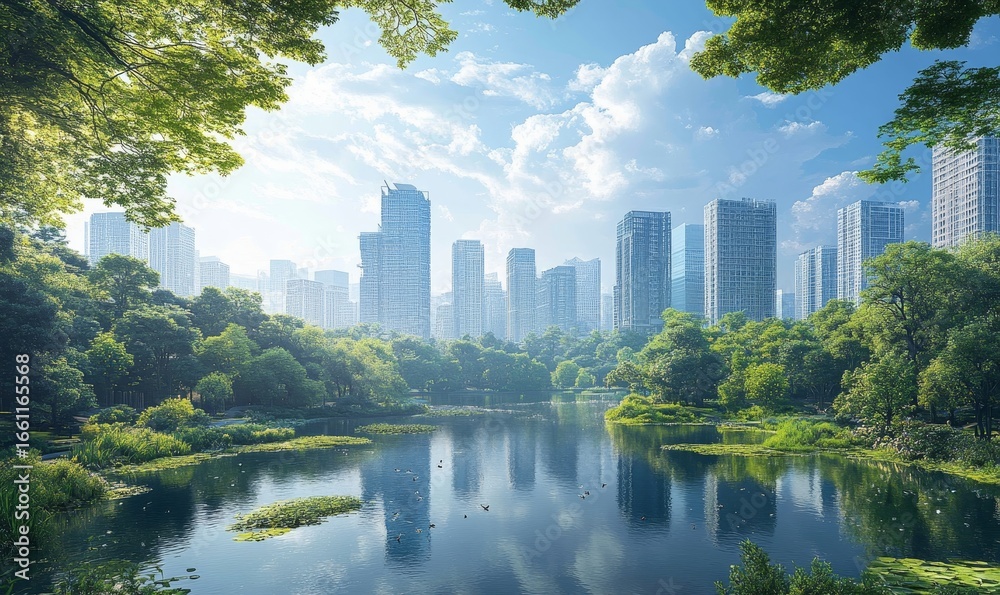Fototapeta premium Cityscape colliding with nature, showcasing urban biodiversity. The image emphasizes the importance of preserving natural ecosystems within growing cities and integrating biodiversity, Generative AI