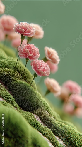 Pink Flowers Blooming on Green Moss in a Serene Natural Setting