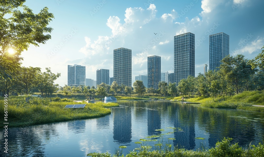 Naklejka premium Urban project planning with a focus on green sustainable design. The image depicts eco-friendly spaces that promote energy efficiency and the integration of renewable energy sources, Generative AI