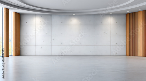 Minimalist concrete space with smooth floor and panelled wall  ideal for showcases  presentations  or conceptual visuals. A modern architectural backdrop.
