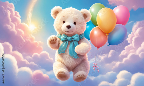 A cute teddy bear floating with colorful balloons among fluffy clouds in a fairy-tale sunset.