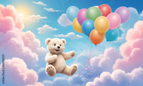 A cute teddy bear floating with colorful balloons among fluffy clouds in a fairy-tale sunset.