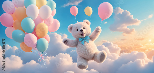 A cute teddy bear floating with colorful balloons among fluffy clouds in a fairy-tale sunset.