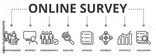 Online survey banner vector illustration concept with icon of questionnaire, demographics, analysis, opinion, feedback, statistics and evaluation. 