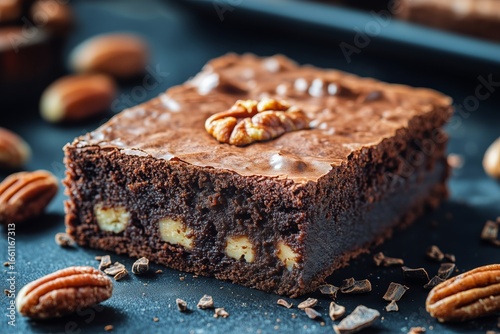 Rich Chocolate Brownie With Nuts and Banana Pieces on a Dark Background