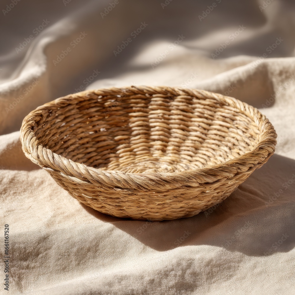 Obraz premium A shallow, round woven basket rests on a beige fabric background. Sunlight illuminates the basket's texture.