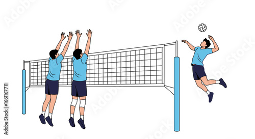 Volleyball action scene of players during a match in vector design