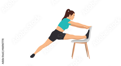 A Female Character Demonstrates a Leg Stretch Exercise Using a Chair Aid