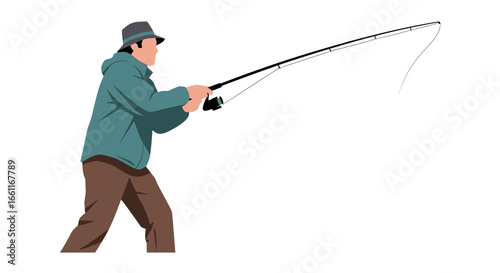 A Focused Fisherman Actively Casting his Line for a Relaxing Outdoor Experience