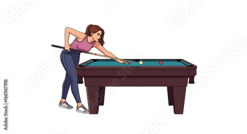 A woman prepares to strike the cue ball on a billiard table expertly
