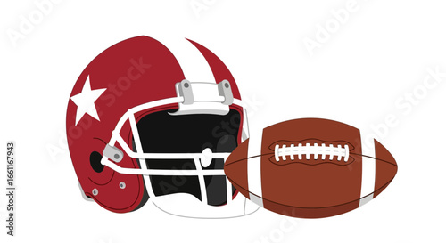 American Football Gear Still Life with Helmet and Textured Oval Ball