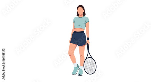 Athletic woman poses confidently with tennis racket on white background