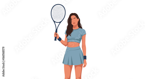 Athletic woman posing gracefully with a tennis racket on a white background