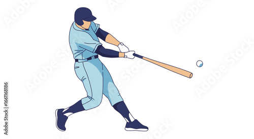 Baseball batter hitting a ball with wooden bat, minimal illustration style