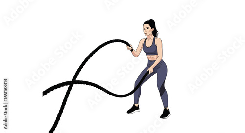 Cartoon woman doing intense crossfit training using battle ropes exercise