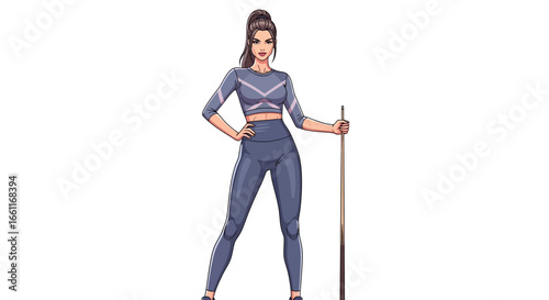 Confident cartoon billiard player with athletic outfit and cue stick