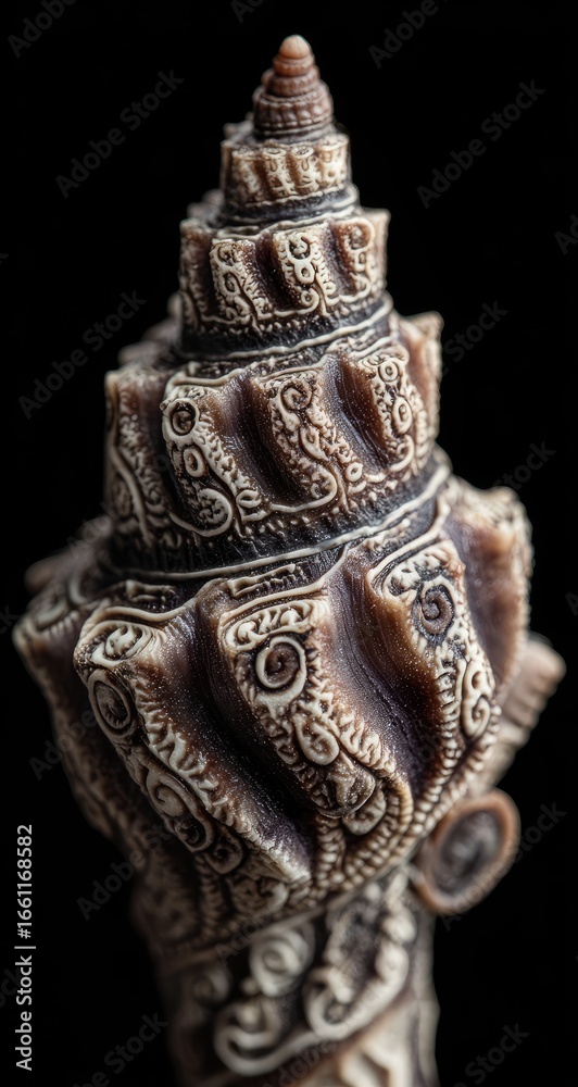 Fototapeta premium Detailed close-up of ornate seashell with intricate carvings on black background