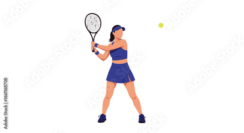 Dynamic female athlete poised to strike a tennis ball with determination