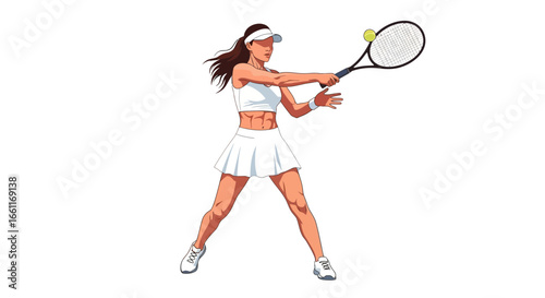 Dynamic tennis player swinging racket, athletic woman in action with ball
