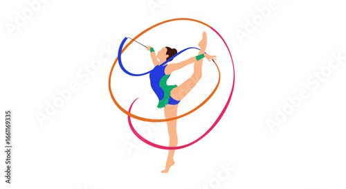 Elegant rhythmic gymnast performing with ribbon on isolated background
