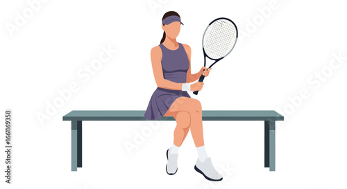 Elegant tennis athlete relaxes on bench with racket after intense match