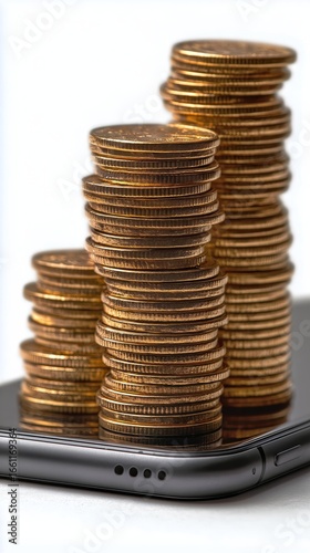 Stacks of Coins Increasing in Height on Top of a Smartphone Showcasing Financ...