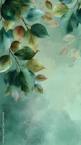 Nature-inspired Painting Featuring Lush Green Leaves and Soft Background Hues...