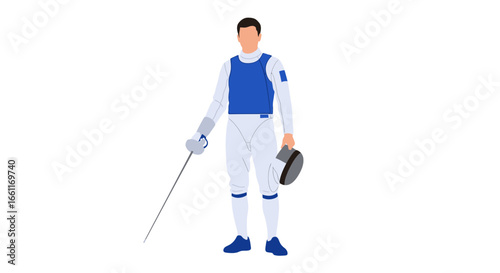 Fencer in Full Gear Prepared for Competition or Practice on White Background