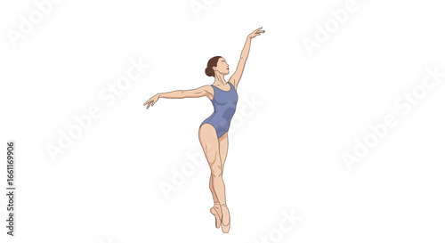 Graceful ballerina in poised arabesque position against a stark white scene