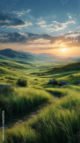 Bright Sunrise Over Rolling Hills With a Winding Path Through Green Fields.