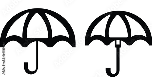 Umbrella icon set.Protection parasol symbol. Vector illustration isolated on white background. Folded parasol, open umbrella for rainy weather or sunshade.Umbrella different style icon set