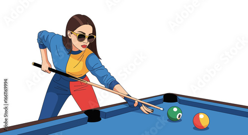 Illustrated fashionable woman playing pool, wearing sunglasses indoors game