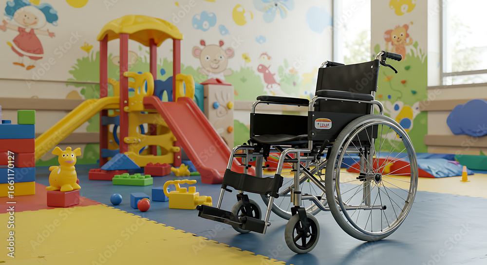 Fototapeta premium A wheelchair sits in a colorful, well-equipped playroom for children.