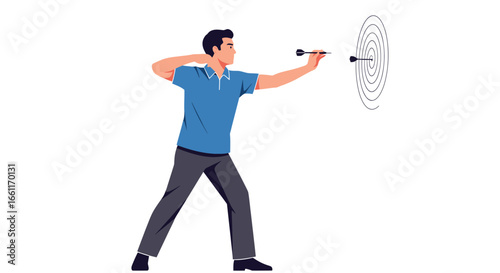 Illustration of a man throwing dart at a target for goal achievement