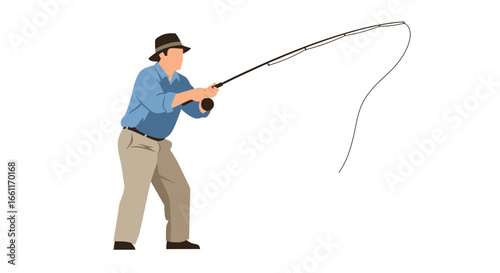 Illustration of a man with a hat fly fishing in a isolated background