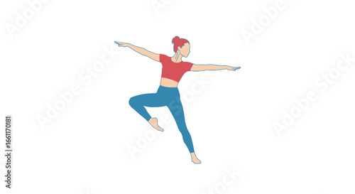 Illustration of a slender woman performing a graceful yoga pose indoors