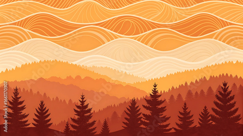 Panoramic landscape of mountain range with forest in orange color scheme