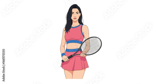 Illustration of female tennis player in action attire holding a racket